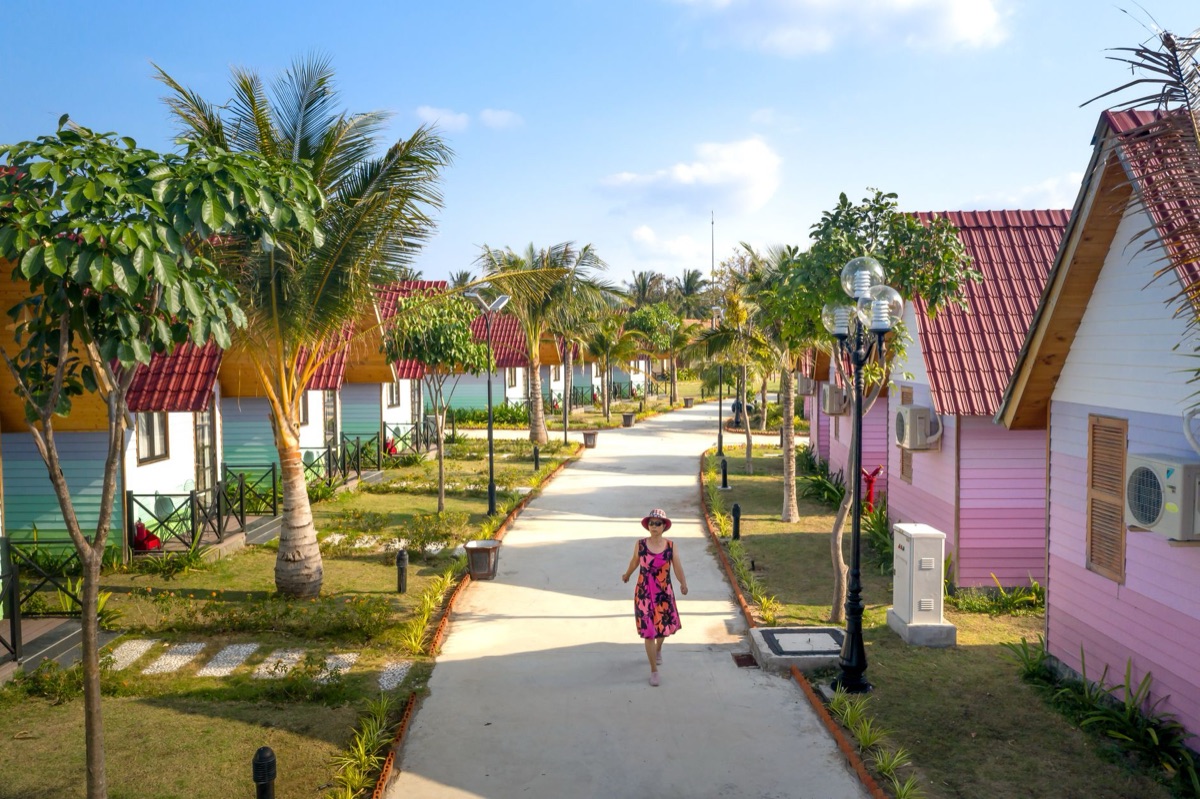 Tahitian village with colorful houses and palm trees