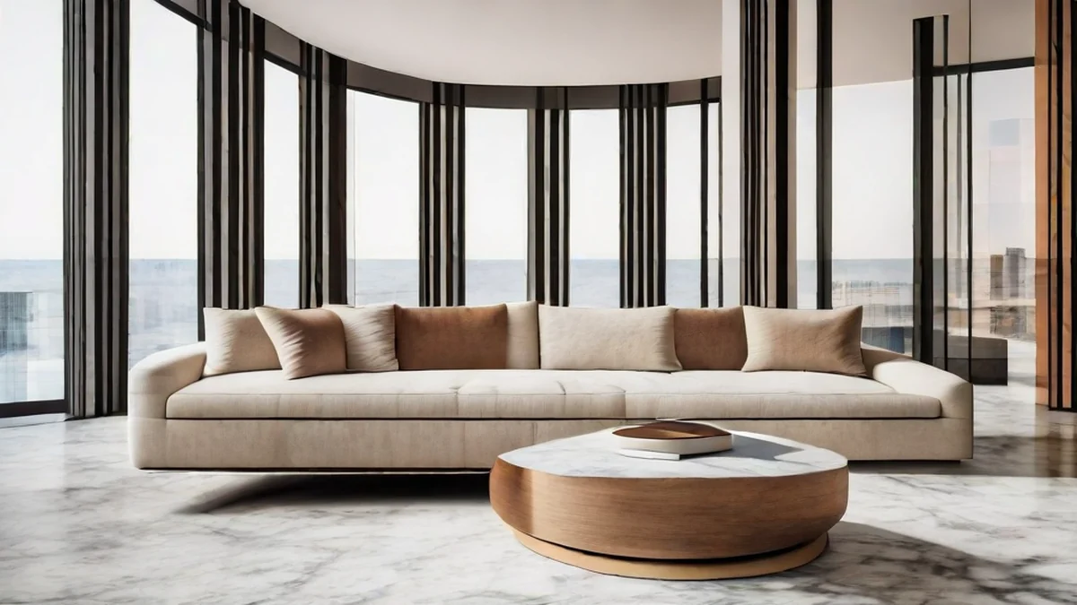 Modern hotel suite living area with sofa, coffee table, and view.