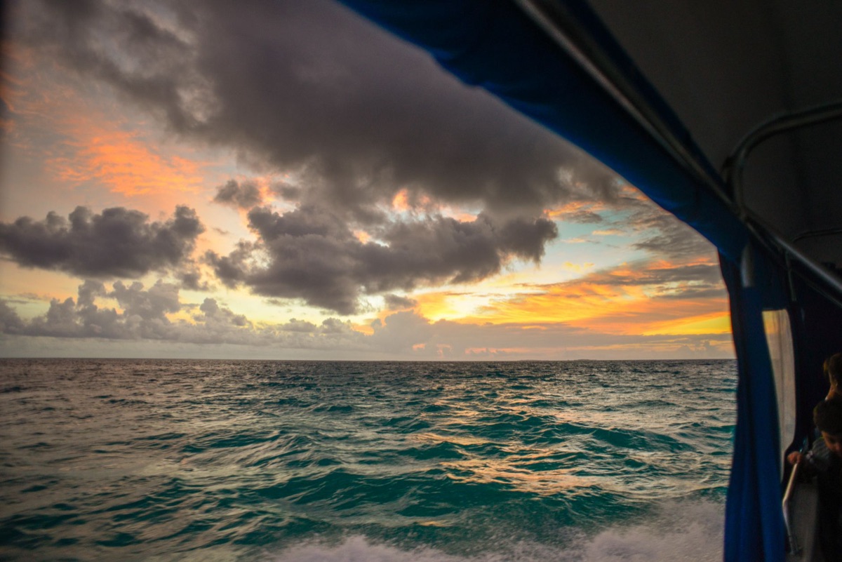 Zonsondergangskruisboat met tropisch omgeving