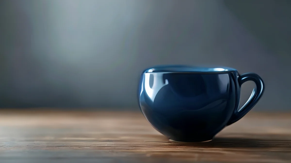 Tsuru tasse, laque brillante, forme larme, teinte bleue profonde, posée sur un bureau en bois, studio propre avec softbox, champ de profondeur faible, réalisme photo, focus net, détails élevés