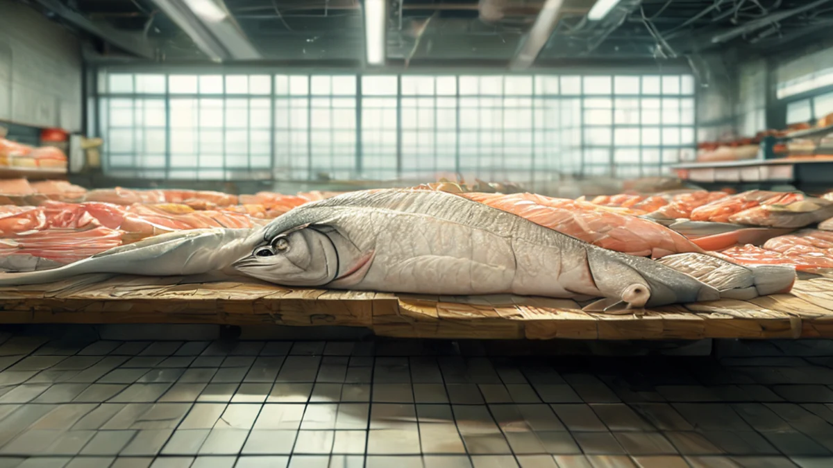 A massive, flat Tsukiji Fish Market, centered, with smooth, white tile, cracked texture, resting on a wooden table, under soft window light, shallow depth of field, photorealistic, sharp focus, high detail