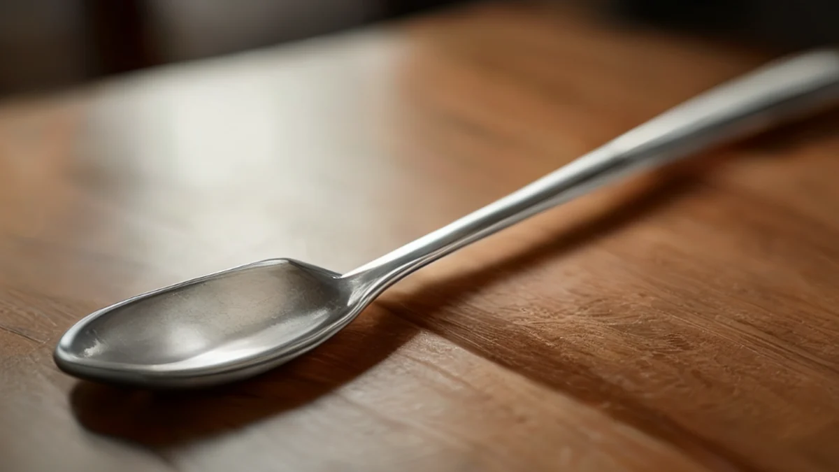 Couteau à soupe en céramique, manche et cuvette, surface texturée et glasure foncée.