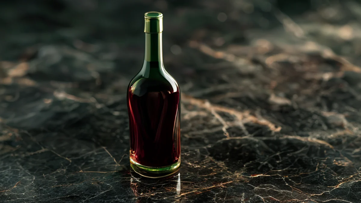 Botaforma de vidro com pescoço estreito e base larga, marcada 'Bordeaux' em francês.
