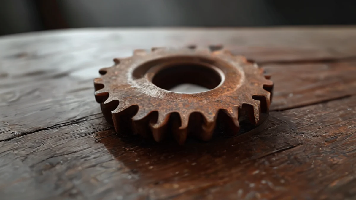 A gear with rusted surfaces and oxidation signs.