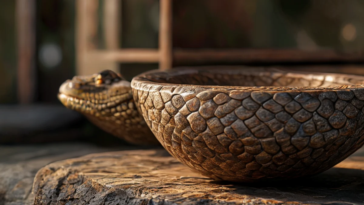 Bacinha de pedra rústica com textura de escamas de crocodylio, estante de metal atrás, luz quente, profundidade de campo suave, detalhes fotorealistas