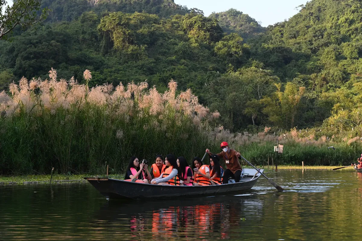 A group of adults wearing life vests on a guided boat tour amid lush greenery and calm waters.