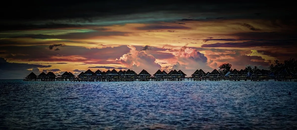 bora-bora, sunset, over water bungalows, sea, ocean, island, beach, vacation, blue sky, travel, tropical, paradise, exotic, blue, landscape, pacific, coast, wat