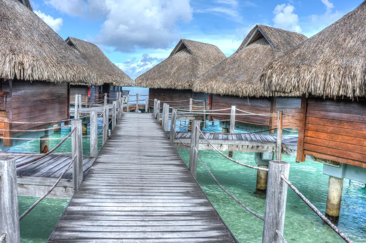 bora bora, over water bungalows, tropical, vacation, lagoon, blue sky, nature, french polynesia, ocean, sea, luxury, turquoise, island, blue, travel, hotel, tou